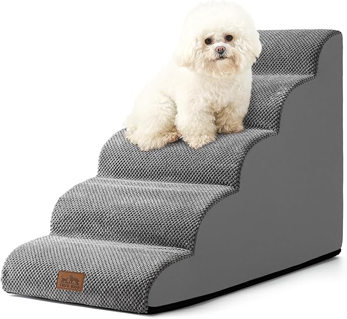 Dog Stairs for Small Dog 22.6" H, Curved Pet Step for Puppy, Older Cat, Medium Pet Ramp for High Bed, Ladder with High Density Foam, Durable, 5 Step, 15.7x33x22.6 inch, Grey