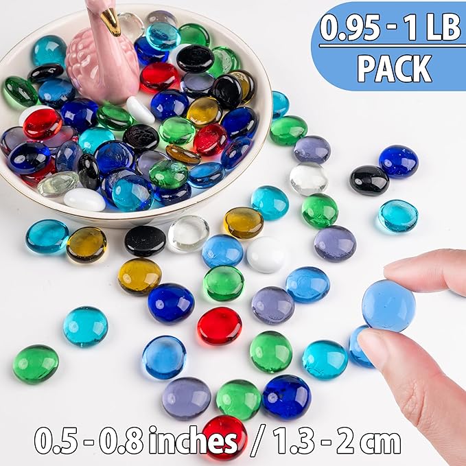 1LB Mix Glass Marbles, Transparent and Smooth Flat Glass Beads for Vases, Mosaic Gem Pebbles for Aquarium Decor, Floral Arrangements, Mancala Stones, Vase Filler and Crafts(Approx. 80-100 PCS)