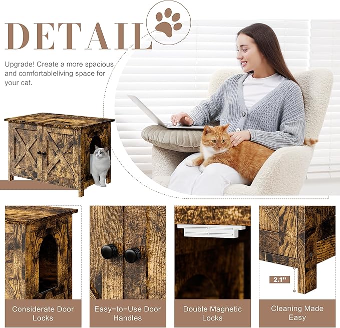JY QAQA Cat Litter Box Enclosure,Litter Box Furniture Hidden with Barn Door,Wooden Cat Washroom Furniture,Cat House,Fit Most of Litter Box,Brown