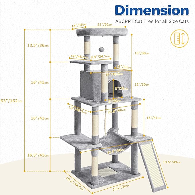 Cat Tree Tower 63in Multi-Level Cat Tower for Indoor Cats with Sisal Scratching Posts, Condo, Hammock, Dangling Ball and Extended Platform for Cats to Play, Light Grey