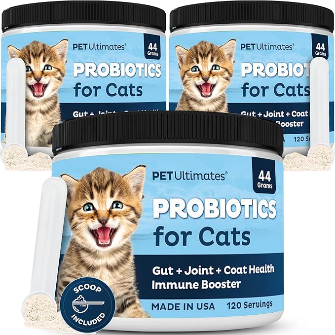 Pet Ultimates Probiotics for Cats – 3 Pack of 20-Species Cat Probiotic Powder to Treat Diarrhea, Vomiting, Digestive Support & Antibiotics Recovery – Cat's Health Supplies (44 gr)