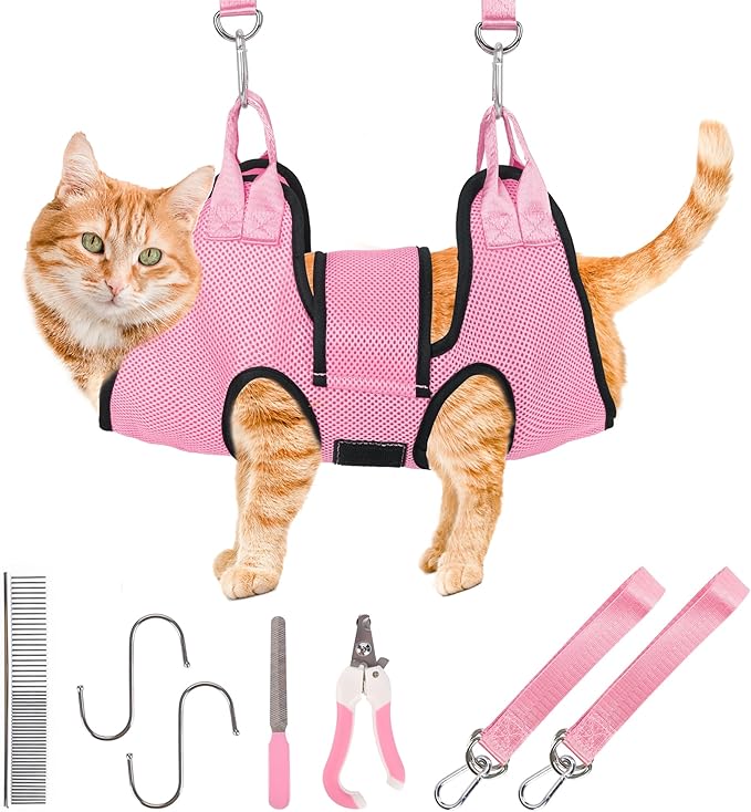 PatiencET Dog Grooming Hammock, Pet Grooming Hammock for Cats & Dogs with Security Strap, Dog Sling for Nail Trimming with Nail Clippers/Trimmer, Nail File, Pet Comb(Pink XS)