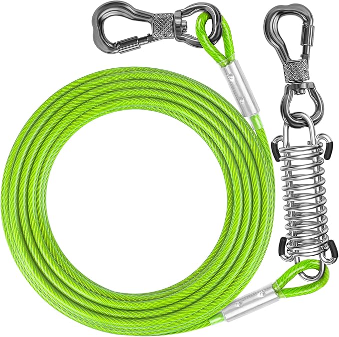 Tresbro 30 FT Dog Tie Out Cable with Spring, Shock Absorbing Tether Chains for Outside Aavilable in 10/15/20/25/30/40/50/70/100/120 FT, Heavy Duty Leads for Yard for Medium & Large Dogs Up to 500 LBS