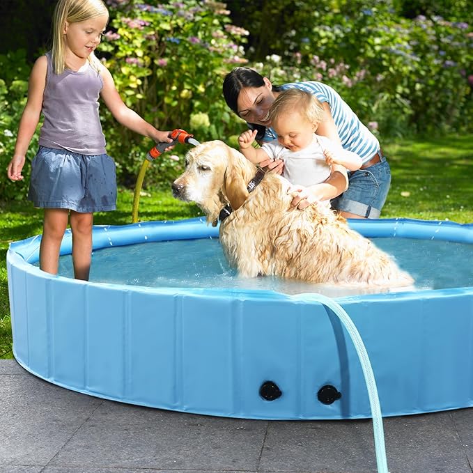 87" Large Dog Pool with Sprinkler, 2-in-1 Foldable Swimming Pool Non-Slip Hard Plastic Splash Sprinkler Kiddie Pool for Outdoor Backyard Kids Dogs Ducks and Pet Baths