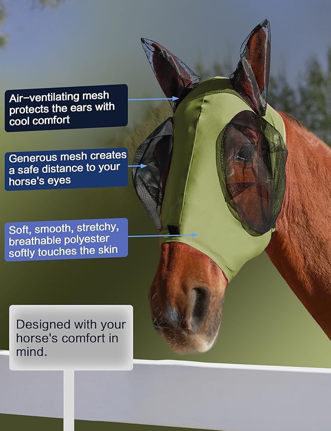 Horse Fly Mask with Ears, UV Protection for Horses, Elasticity with Big Mesh Eye Covers, Snug Fitting Comfortable Breathable Lightweight for Horses Olive Green Full Size