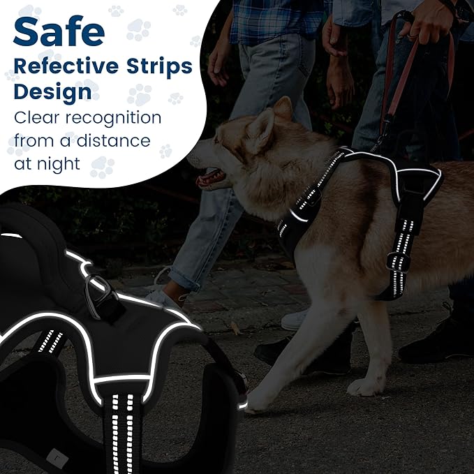 Funfox Dog Harness No Pull, Adjustable Dog Vest Harness Super Soft, 2 Leash Clips Anti Pull, Vertical Handle Easy to Control, Reflective Night Walking for Large Breed, Black, L