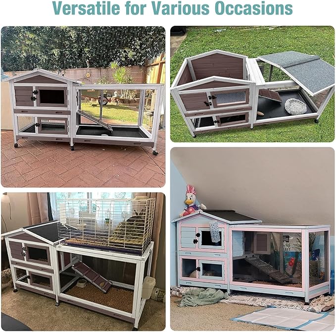 62" Rabbit Hutch with Chew-Proof Ramp & Waterproof Roof - Indoor/Outdoor Bunny Cage, 2-Story Design, 6 Lockable Caster Wheels & Dual Pull-Out Trays (Brown)
