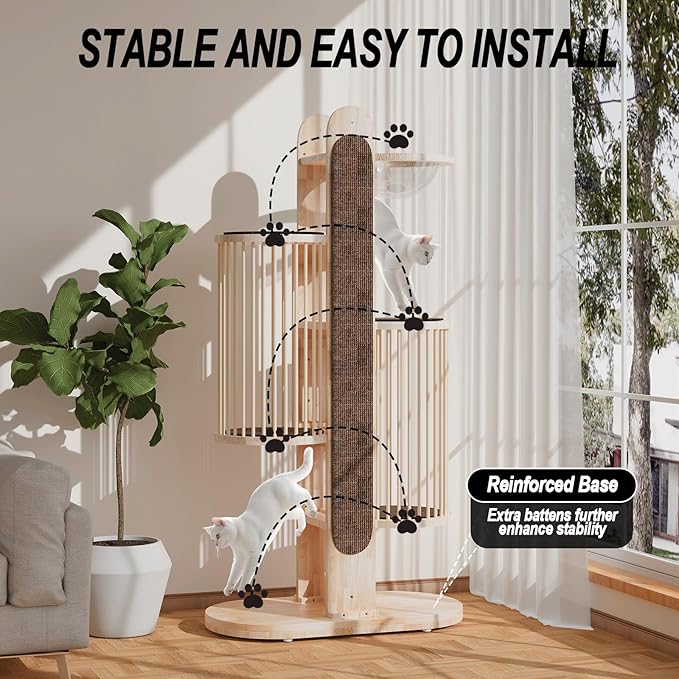 Modern Cat Tree Tower for Indoor Cats, 67" Tall Solid Wooden Cat Tower with Scratching Posts, 6 Level Natural Luxury Cat House with Big Bed, Washable Cushions Cat Furniture for Large Cats White Brown