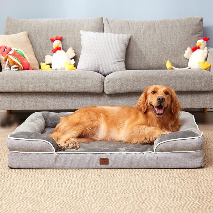 EHEYCIGA Orthopedic Dog Beds Large Sized Dog, Waterproof Memory Foam Pet Bed with Sides, Non-Slip Bottom Large Pet Bed with Washable Removable Cover, Grey
