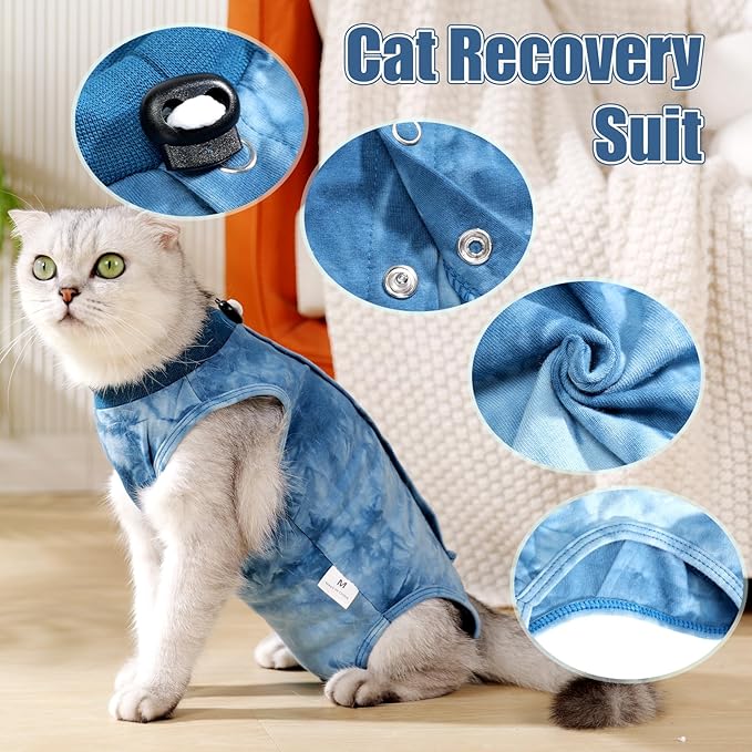 Cat Recovery Suit for Male and Female Surgical Post Surgery Soft Cone Onesie Tie Dye Cats Shirt Clothes Neuter Licking Protective Diapers Outfit Cover Kitten Spay Collar Alternative(Navy Blue, S)