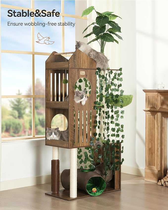 FourFurPets Large Cat Tree with Leaves, 72.8-Inch Cat Tower for Indoor Cats, Modern Cat Tree with Scratching Post, Large Perch, Tunnels, Swing Ball, Self Groomer, Greige