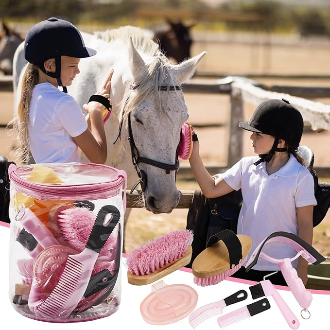 9 Pieces Horse Grooming Kit Tack Room Supplies Set with Organizer Tote Bag, Oval Massage Curry, Hard and Soft Brush, Hoof Pick, Sweat Scraper, Bathing Sponge, Combs for Horse Riders Beginners (Pink)