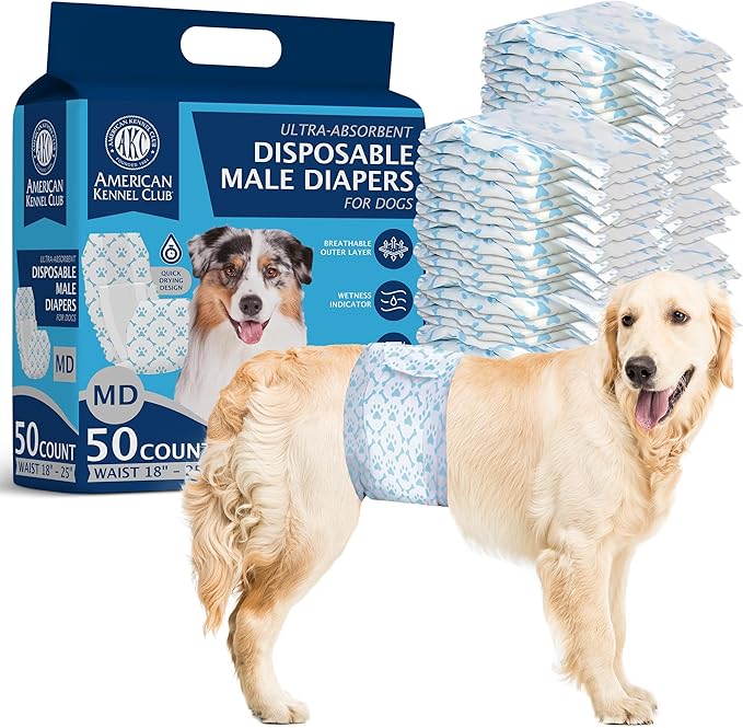 American Kennel Club Male Dog Wrap, Disposable Diapers with Wetness Indicator, Medium, 50 Count
