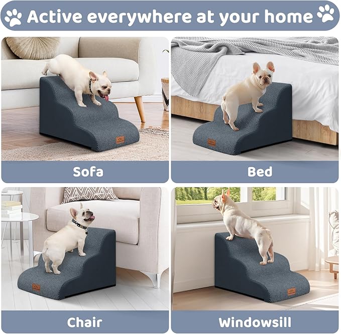 Dog Ramp and Stair for Bed 16" H-20 H,3-Step Cat Stair for Sofa and Chair,4-Step Dog Ramp for High Bed and Window,Durable Nonslip Fabric Cover for Indoor (Dark Grey-16 H, Pet Friendly, 3)