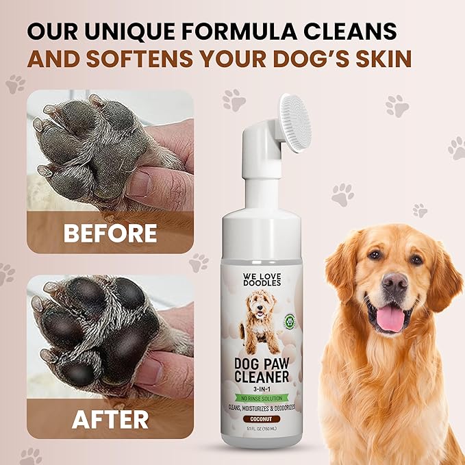 Dog Paw Cleaner (Over 100+ Feet Cleanings) No-Rinse Dog Foot Washer, Gentle and Safe Paw Cleaner for Dogs and Cats, Foam Formula, Moisturizes and Deodorizes, 150mL (Coconut) [We Love Doodles]