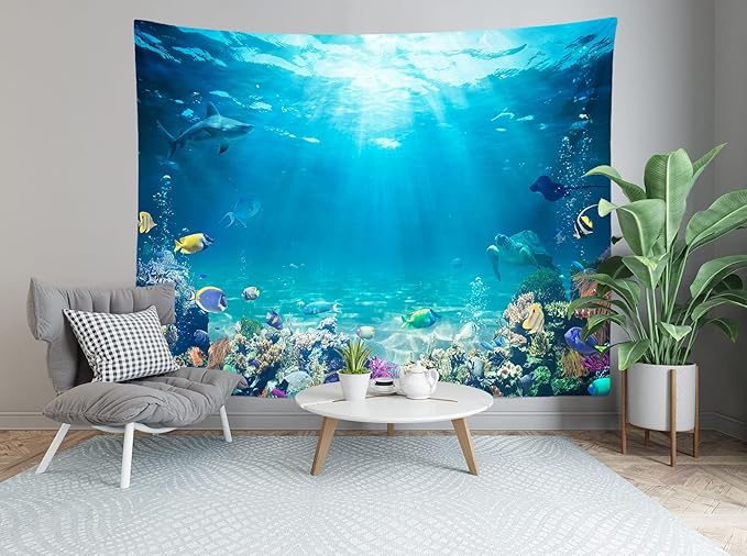 Loccor Underwater World Tapestry Blue Ocean Wall Hanging Under the Sea Coral Reef Wall Tapestry 80X60 Inches Tropical Fish Tank Undersea Tapestries Marine Wall Art for Bedroom Living Room Dorm Decor
