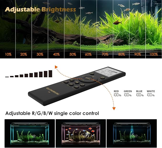 GLOWRIUM LED Aquarium Light with Remote, Full Spectrum Fish Tank Light with Auto Timer, IP67 Waterproof Freshwater Planted Tank Light, Dimmable RGB+W+Moon LEDs with High Performance (36W 48-53inch)