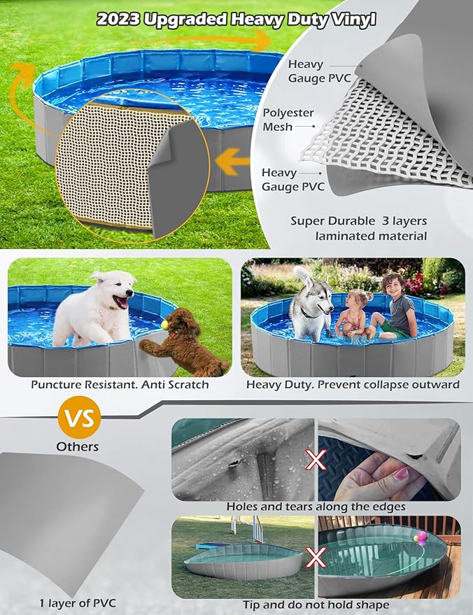 Jasonwell Foldable Dog Pet Bath Pool Collapsible Dog Pet Pool Bathing Tub Kiddie Pool Doggie Wading Pool for Puppy Small Medium Large Dogs Cats and Kids 63" Grey