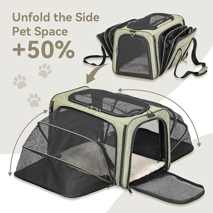 Petsfit Expandable Cat Dog Carrier Airline Approved, 17" L x 11" W x 11" H Soft-Sided Portable Pet Travel Carrier for Kitten, Puppy, Removable Soft Plush Mat and Pockets, Auto-Locking Zippers