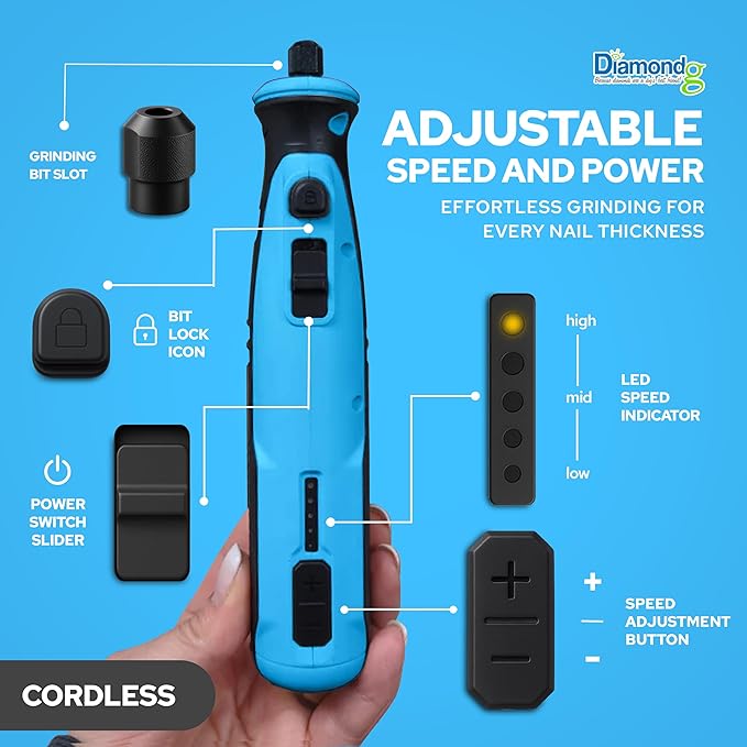 Diamondg Cordless Dog Nail Grinder with Quiet Sound & LED Tip for Large & Small Dogs, 4hrs. Runtime - Electric Dog Nail Trimmer, Heavy Duty Rotary Tool Alternative to Toenail Clippers & Filers