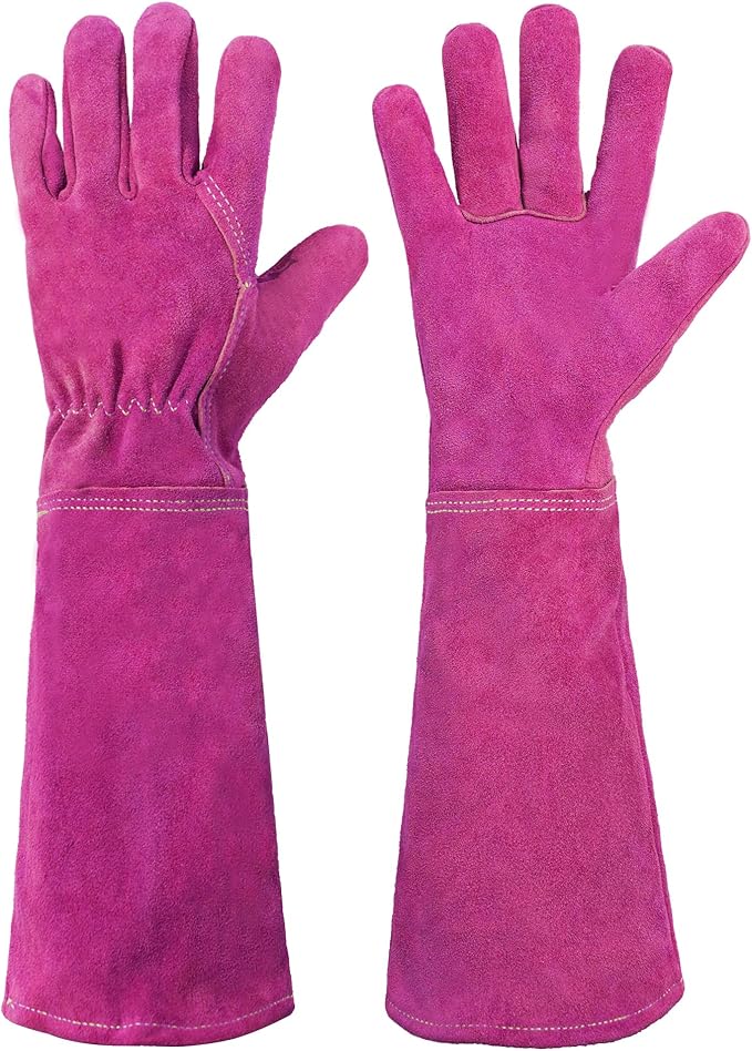 HANDLANDY Ladies Leather Gardening Gloves, Thorn Proof Women Rose Pruning Garden Yard Glove, Heavy Duty Long Sleeve Gloves (Small, Rosy)