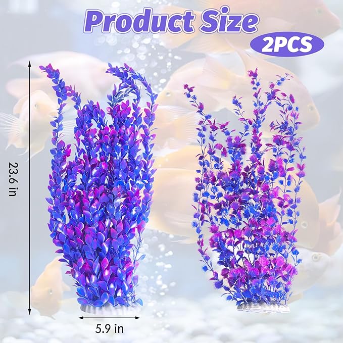 Hamiledyi Aquarium Plastic Plants Aquarium Decor Artificial Fish Tank Plants,Tall Fish Tank Decorations, Extra Large Aquarium Plant 23.6-inch Tall,2PCS（Purple Style A）