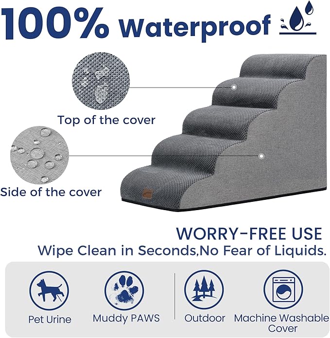 GoGoBunny Ramp Dog Stairs for High Beds 22.6" H, 5-Step Dog Slope Stairs with Durable Waterproof Fabric Cover, Pet Steps for Old Large Dogs Climbing, Non-Slip Sturdy Indoor Step, Grey