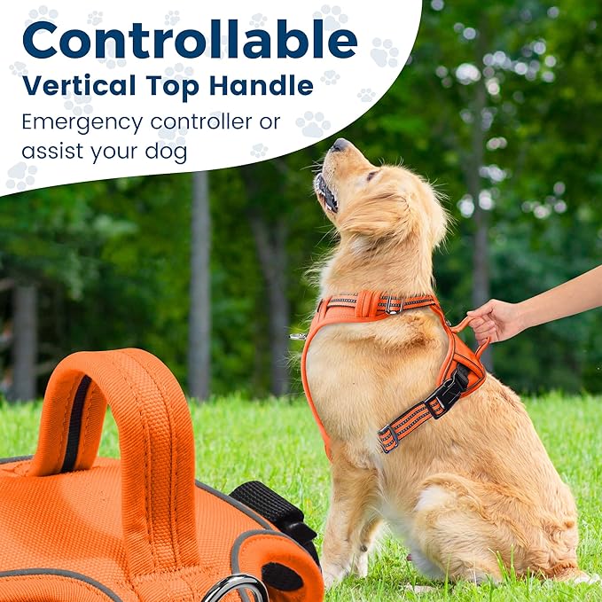 Funfox Dog Harness No Pull, Adjustable Pet Vest Harness, Super Soft Material with Vertical Handle Easy Control, Reflective Night Walking, 2 Leash Clips for Large Dogs, Orange, L