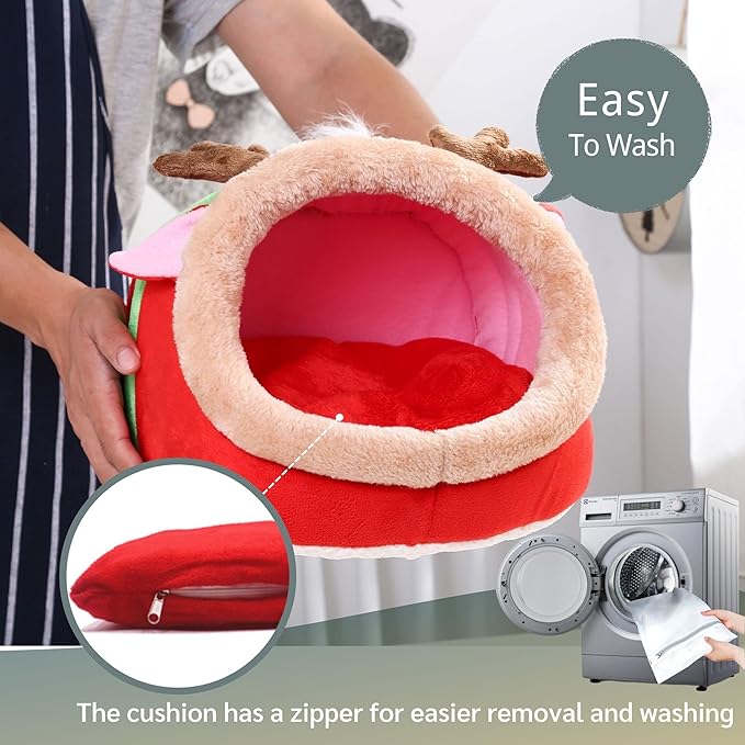 JanYoo Small Pet Gerbil Hedgehog Guinea Pig Bed Accessories Cage Toys Bearded Dragon House Hamster Supplies Habitat Ferret Rat for Christmas (XL, Reindeer)