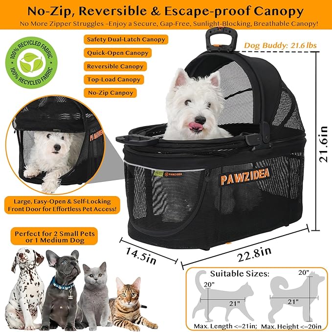 PAWZIDEA Dog Stroller 4 in 1, Pet Stroller for Cats with Detachable Carrier for Small/Medium Dogs/Cats, Seatbelt Car Seat Combo, Cozy House, Foldable & Lightweight Jogger Strollers, Storage Basket