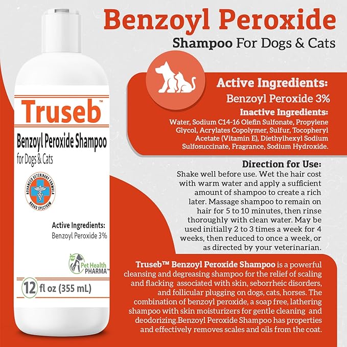 Truseb | Benzoyl Peroxide 3% Shampoo for Dogs,Cats and Horses (3% Benzoyl Peroxide Shampoo, 12 oz)