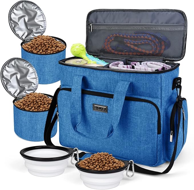 BAGLHER Dog Travel Bag, Pet Travel Bag (ALL Pet Travel Supplies), With 2 Pet Food Containers and 2 Collapsible Silicone Bowls; Essential Kits for Pet Travel Blue