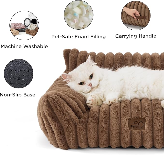 Bedsure Cute Cat Couch for Pets - Fluffy Small Dog Sofa with Premium Soft Corduroy Fleece, Pet Sofa with Removable Washable Cover, Supportive Dog Couch Bed for Small Medium Dogs, 30inch, Copper Brown