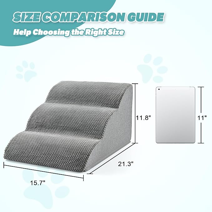 IFNOW Dog Stairs for Small Dogs and Cats 11.8" H, 3-Step Sturdy Dog Steps for Couch, Sofa or Chair, High-Density Foam Pet Stairs for Puppy, Older Cats, Non-Slip Curved Pet Ramp Indoor, Grey