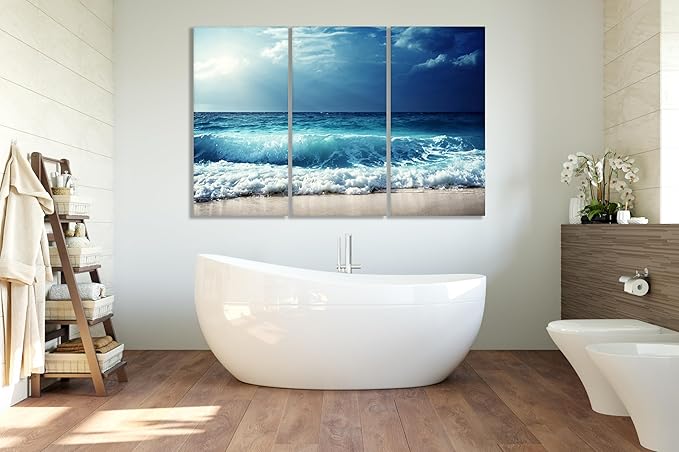 Nature Wall Art Prints - Ocean Forest Mountain Lake Canvas Landscapes - Small to Extra Large Living Room Bedroom Kitchen Bathroom Décor (Summer Ocean Beach, 55L" x 83W"- 3 Panels)