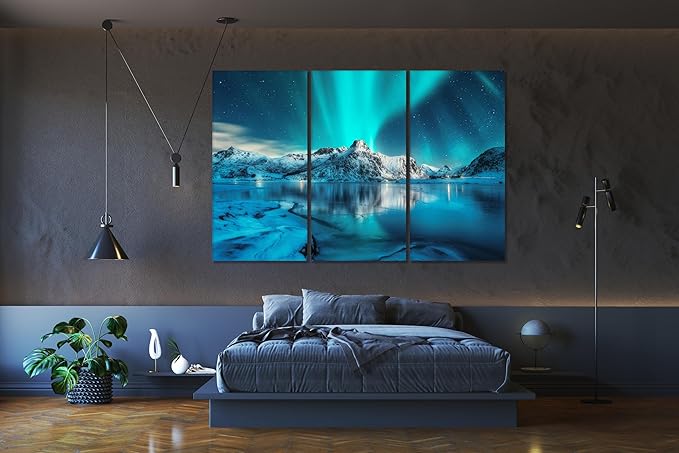 Nature Wall Art Prints - Ocean Forest Mountain Lake Canvas Landscapes - Small to Extra Large Living Room Bedroom Kitchen Bathroom Décor (Northern Lights Over Lake, 39L" x 59W" - 3 Panels)
