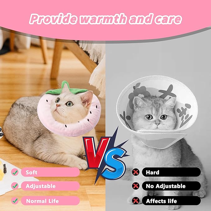 Soft Cat Cone Collar, Cute Cat Recovery Collar Suitable for Small, Medium, Large Cats,Elizabethan Neck Collar for Cats After Surgery (Strawberry, Small)