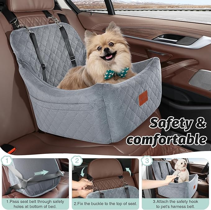 Dog Car Seat for Medium Dogs Up to 35lbs,Fully Detachable and Washable,Easy to Install with Adjustable Straps,Anti-Slip Bottom Travel Car Bed for Pets,Two Side Pockets(Grey,Medium)