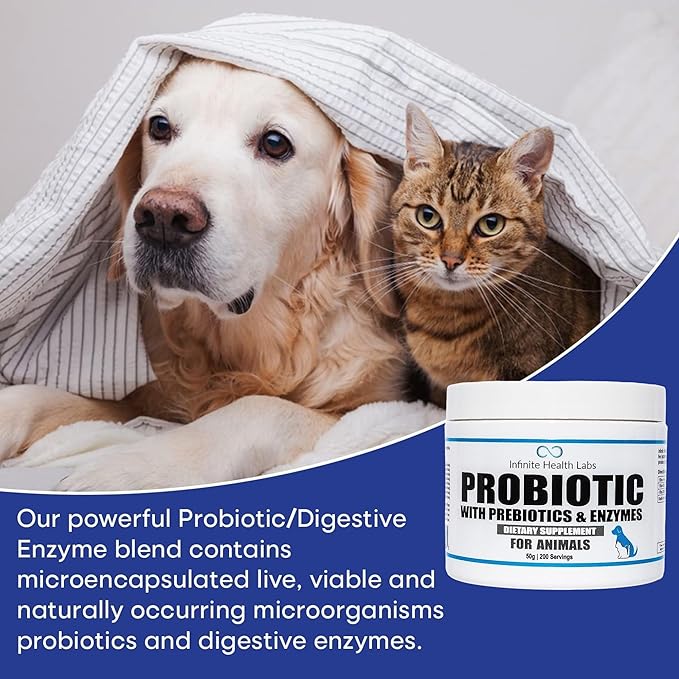 Probiotics for Dogs and Cats - Vet Formulated Made in USA Pet Prebiotic & Enzyme Powder for Digestive, Gut & Immune Health - 200 Servings (50 g)
