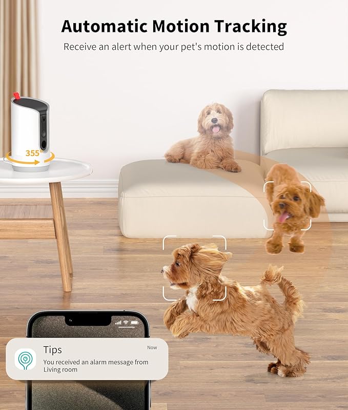 2K Pet Camera Treat Dispenser, 360°View Dog Camera with Phone App, 5G&2.4G WiFi 2-Way Talk Pet Cam Indoor for Cats Remote Treat Tossing, Motion Alerts, Auto Tracking
