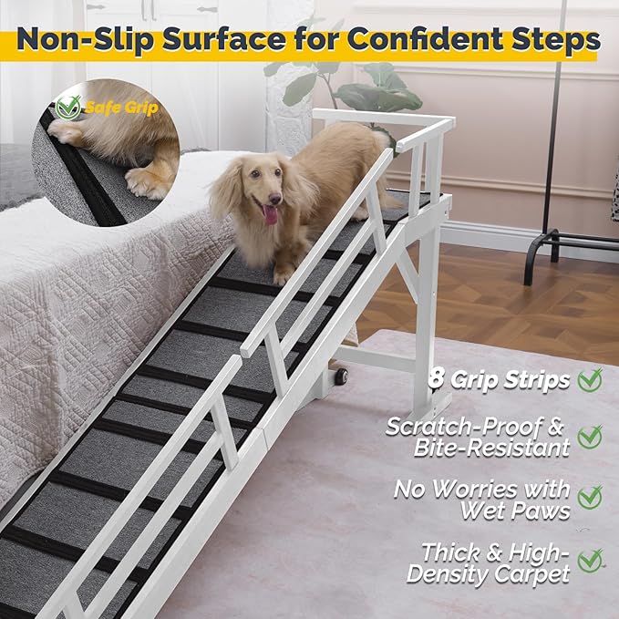 Dog Ramp for Bed or Couch, Wooden Pet Ramp with 20° Gentle Slope, Removable Side Rails, Non-Slip Surface, Top Platform & Wheels, Safe Bed Ramp for Small, Medium & Senior Dogs, 74" Long, White