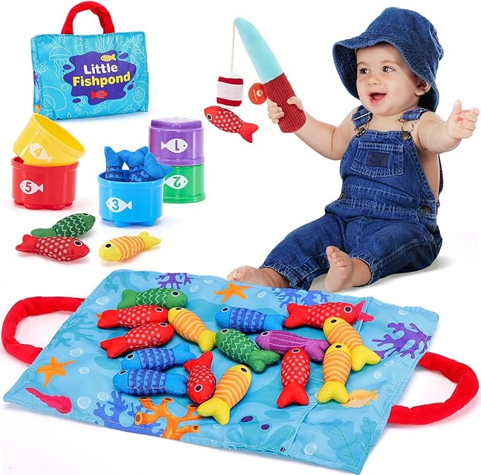 hahaland Montessori Toys for 1 Year Old - 10 in 1 Cloth Toddler Fishing Game with Stacking Cups, Baby Toy 12-18 Months One Year Old Boy Birthday Gift, Toddler Toys for 1 2 Year Old Boy Girl Gifts