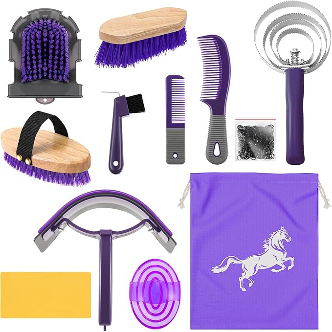 Abbylike 12 Pieces Horse Grooming Kit Racing Festival Tack Room Supplies Horse Brush Sets Equine Care Cleaning Kit Shedding Grooming Massaging Tools(Gray and Purple)