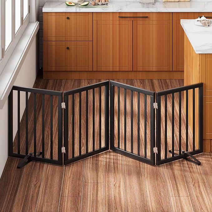 Black 37-74" Dog Gate Foldable Dog Gates for Doorways Stairs House Freestanding Pet Gate Puppy Barries 24 inches Tall