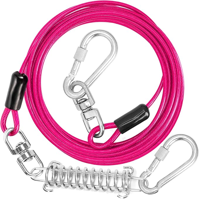 Jenico Dog Tie Out Cable, 10/15/20/30/40/50/70/100/150FT Runner Cable with Swivel Hook and Shock Spring, Outdoor and Camping Dog Leash Run Tether for Small to Medium Pets Up to 500 LBS