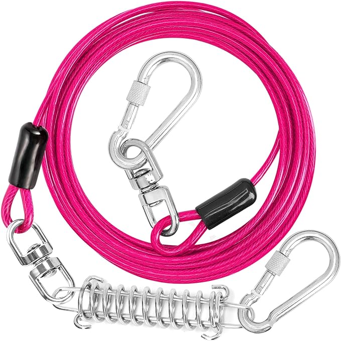 Jenico Dog Tie Out Cable - 10/15/20/30/40/50/70/100/150FT Runner Cable with Swivel Hook and Shock Spring, Leash Tether for Yard, Outdoor and Camping, for Small to Medium Pets Up to 500 LBS