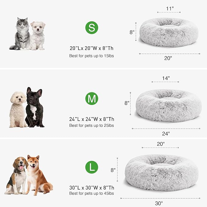 Love's cabin Calming Cat Bed for Indoor Cats,Anti-Anxiety Donut Round Dog Bed,Fluffy Faux Fur Washable Pet Bed for Small Medium Dogs and Cats,Grey,24in