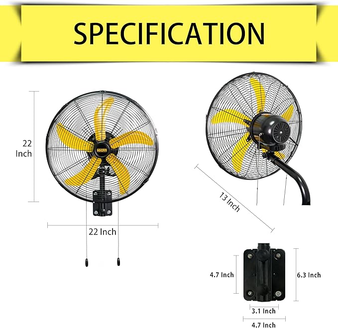HiCFM 20" Oscillating Wall Mount Fan, 5000 CFM High Velocity Industrial Wall Mounted Heavy Duty Shop Fans with 3 Speed Settings 80° Oscillation for Commercial Garage Warehouse workshops Factory