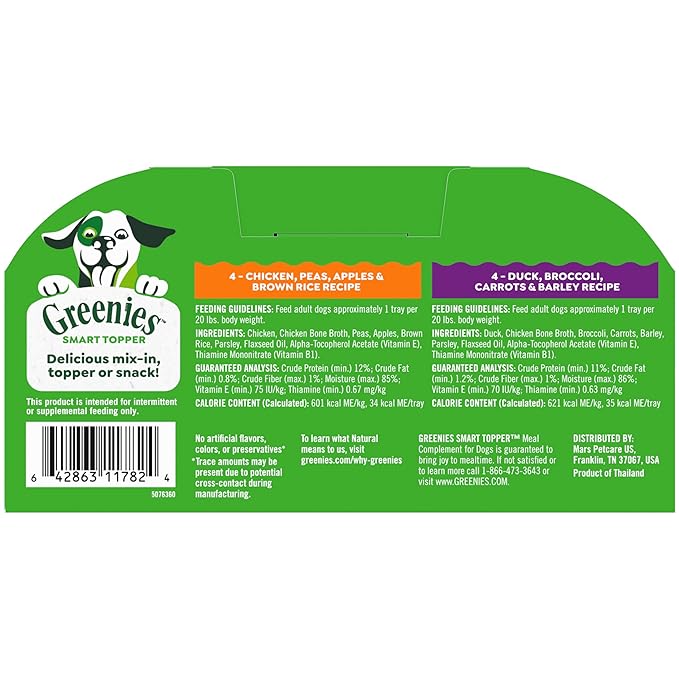 Greenies Smart Topper High Protein Wet Mix-in for Dogs, Chicken, Peas, Apples, and Brown Rice Recipe & Duck, Broccoli, Carrots and Barley Recipe Variety Pack with Whole Grains, 8 Trays of 2oz.