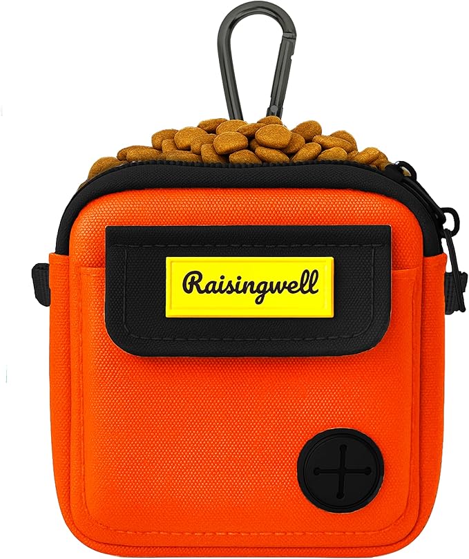 Dog Treat Pouch for Pet Walking and Training with Clicker Poop Bags, and Three Bags Design Small Fanny Zipper Pack Holder for Puppy Snack Dispenser Kit for Leash and Outdoor Use (Orange)